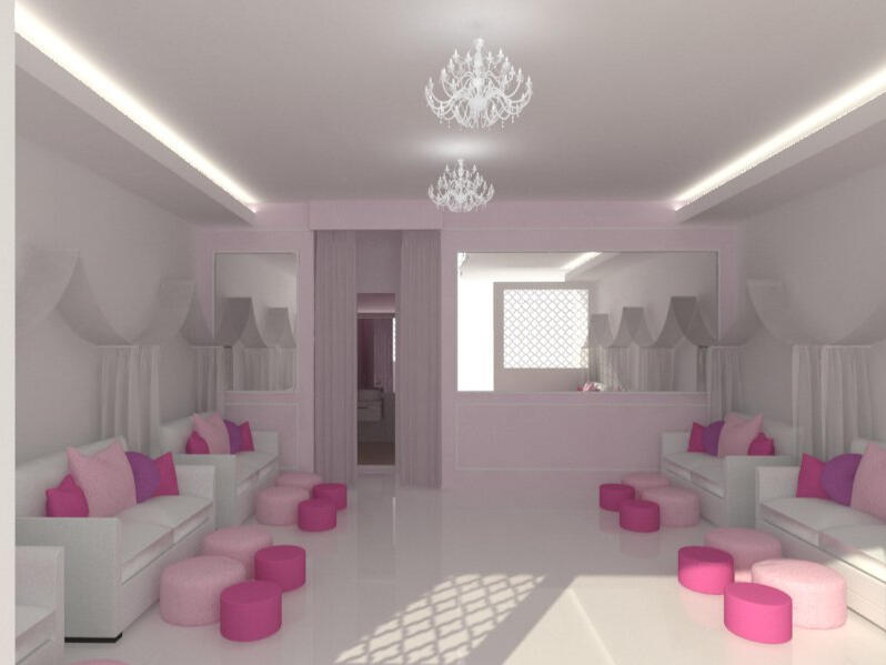White couches line the walls while pink poufs for the nail technicians are strewn across the floor.