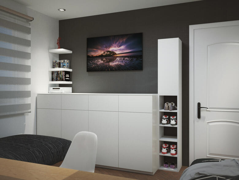 The far wall is warmed with dark grey to contrast with the warm, yellow tones of the wood.